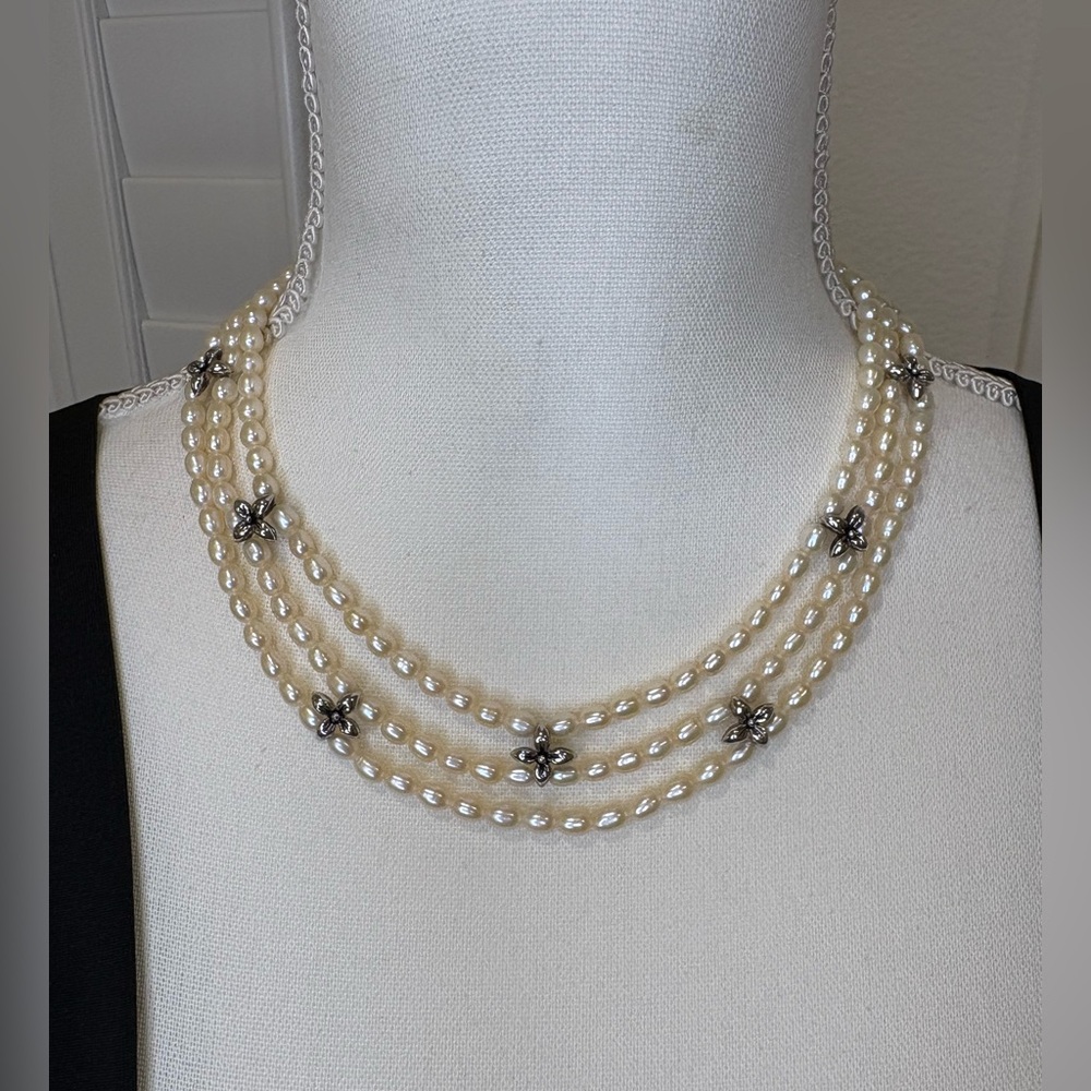 Honora White Freshwater 3-Strands Pearl Necklace Silver Flower Accents 17”